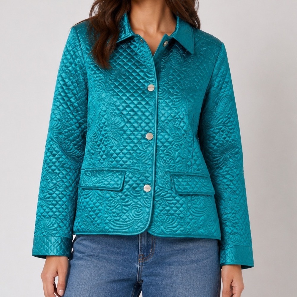 Bernardo 100% Silk Quilted Jacket Women's M Teal Embroidered Lightweight Coat